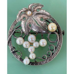 Art Deco Grape Cluster Cultured Pearl Sterling Brooch